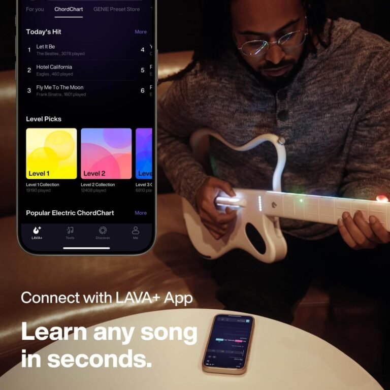 LAVA GENIE Sampler Guitar, No String Attached, Hundreds of Instrument Presets, Onboard Speaker, Foldable, Detachable, White, 30.5 inch