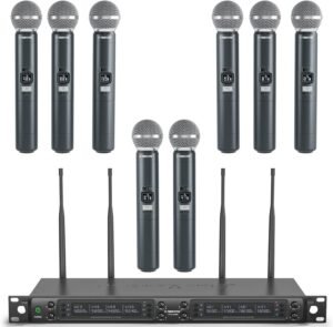 Phenyx Pro Wireless Microphone System, 8-Channel Wireless Mic, w/ 8 Handheld Dynamic Microphones, Auto Scan, 8x40 UHF Frequencies, 328 ft Range, Mics for Singing, Church, Karaoke (PTU-6000-8H