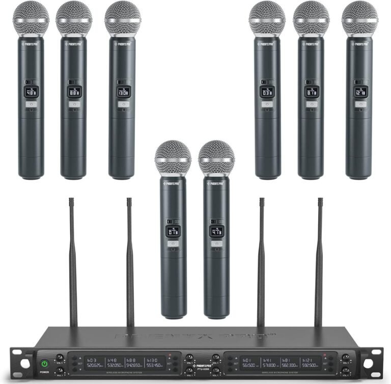 Phenyx Pro Wireless Microphone System, 8-Channel Wireless Mic, w/ 8 Handheld Dynamic Microphones, Auto Scan, 8x40 UHF Frequencies, 328 ft Range, Mics for Singing, Church, Karaoke (PTU-6000-8H