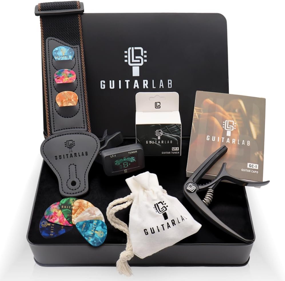 Guitar Accessories Kit - Premium Metal Tin, Guitar Gifts for Men, Includes Guitar Strap, Capo, Guitar Tuner & Guitar Picks - Acoustic, Bass, Electric & Ukelele - Gift Set for Guitarists