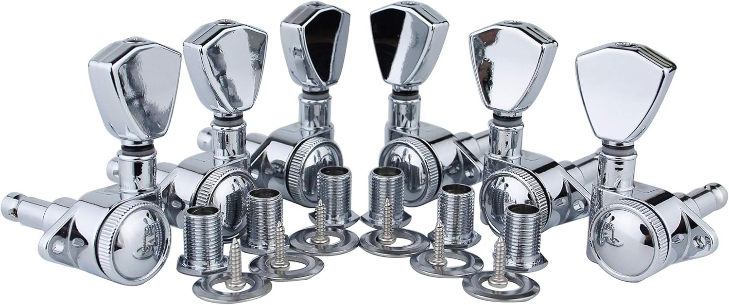 Guyker Guitar Locking Tuners (3L + 3R Handed) - 1:21 Models Rear Lock String Tuning Key Pegs Machine Head with Trapezium Handle Replacement for Electric, Folk or Acoustic Guitars - Chrome