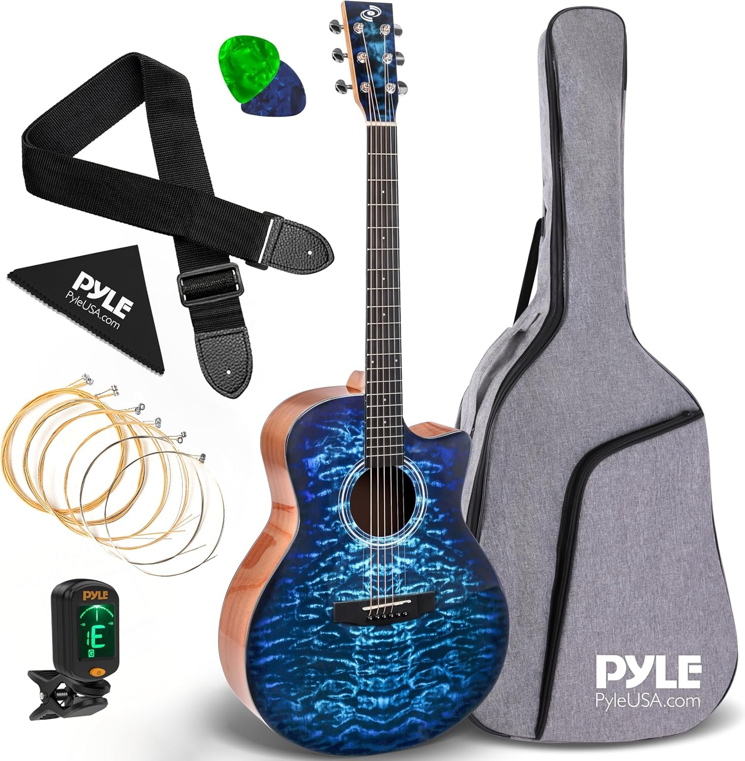 Pyle Full Size Classical Guitar - Steel String, 41" Blue, Gig Bag, Tuner, Extra Strings, Strap, Picks, Right
