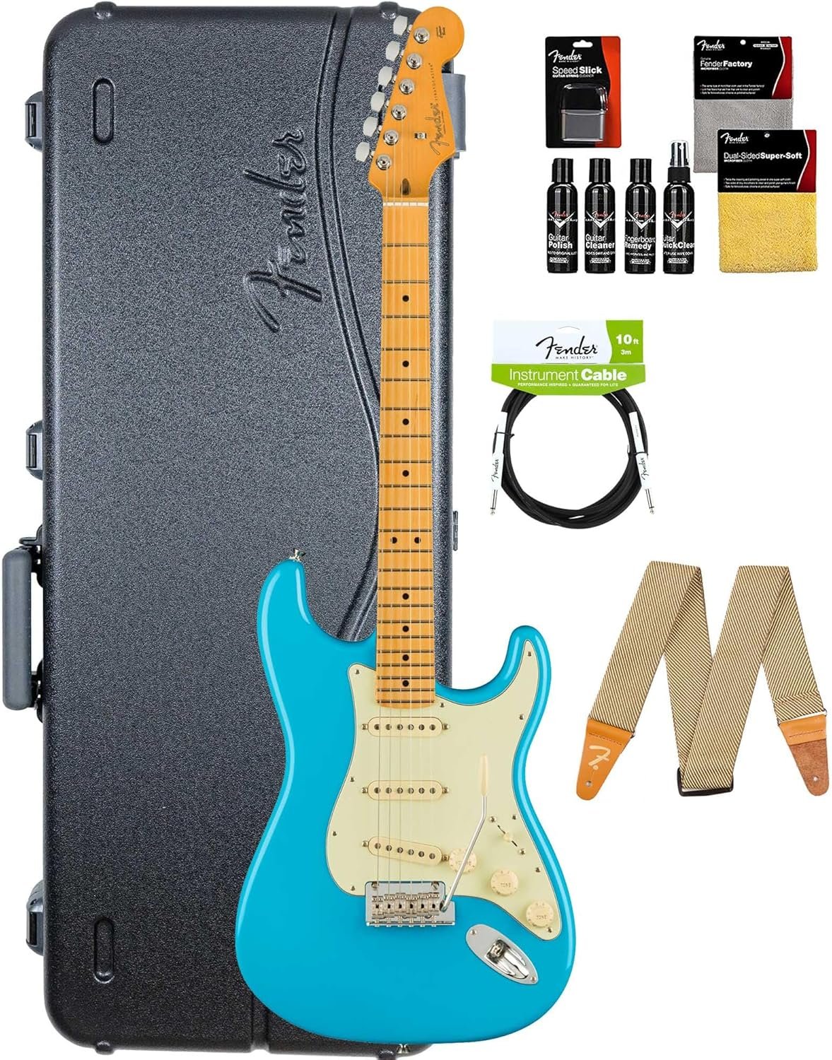 Fender American Professional II Stratocaster - Miami Blue Bundle with Case, Strap, Cable, and Guitar Cleaning Kit