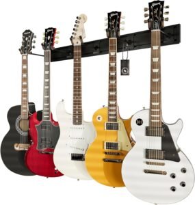 String Swing Guitar Wall Rack, Multiple Guitar Wall Mount, Guitar Organizer for Acoustic & Electric Guitars, 5 Padded Arm Hangers & Black Slatwall Rail, Wall Mount Guitar Rack - Made in USA
