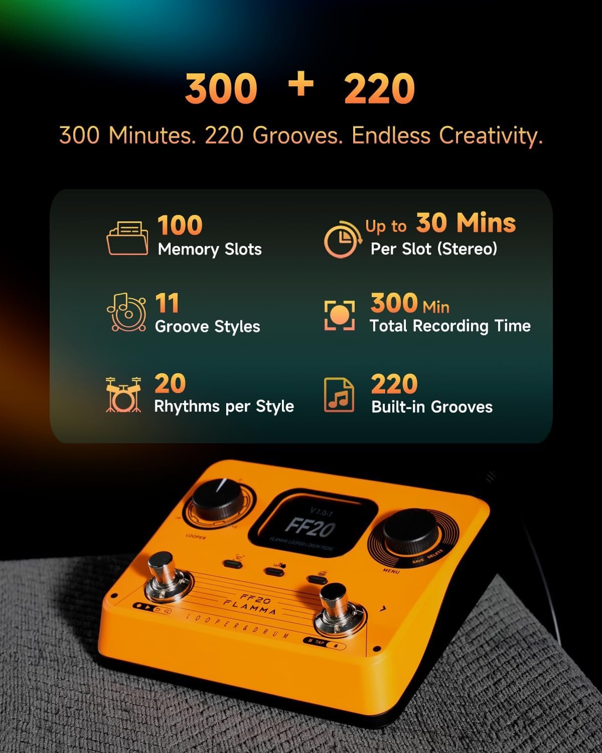 FLAMMA FF20 Looper Pedal Drum Machine, Drum Looper Guitar Pedal with Screen, 300 Min Recording, 220 Drum Grooves, 100 Loop Slots, Time Stretch, Auto Record, USB & Headphone Out, for Guitar and Bass