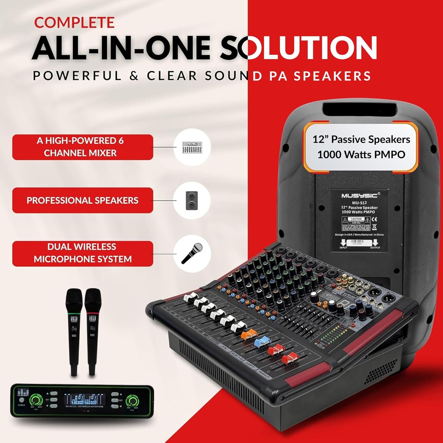 MUSYSIC Portable PA System with Wireless Microphone and Speakers – 6 Ch Audio Mixer with Built-in 2000W Amp & Wireless UHF Microphone System, Multiple Inputs, Complete w/Stands - 12" Speaker 1000W
