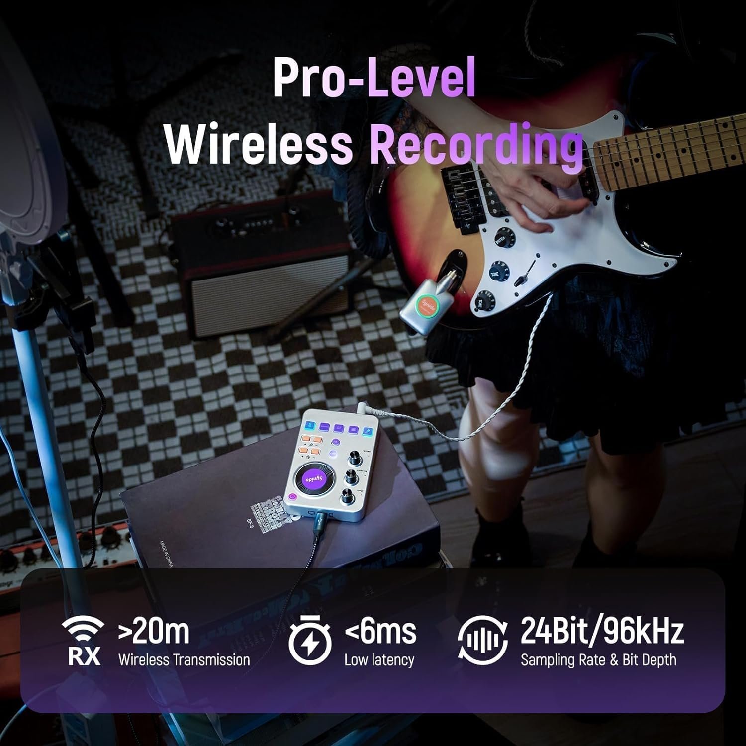 Synido 5.8GHz All-in-One Wireless Guitar System with Built-in Audio Interface, Effects, 3.5mm Mic Input, Wireless Guitar Transmitter Receiver Rechargeable, 8 Channel 5ms Low Latency, 65ft Range, A30