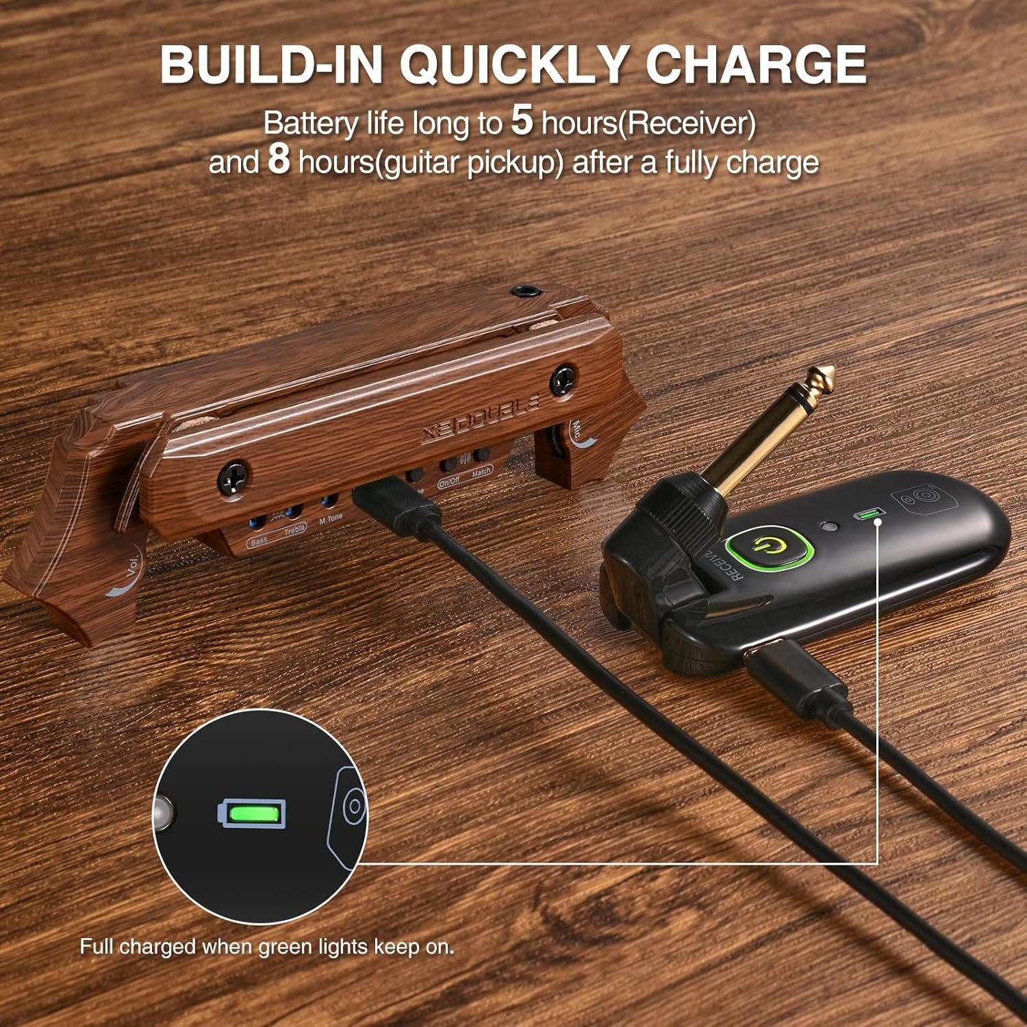 Wireless Acoustic Guitar Pickup Rechargable Magnetic And Microphone Soundhole Pickup For Acoustic Guitar Build-In Volume Control(Wood Grain)