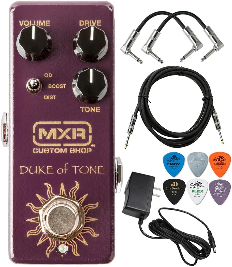 MXR CSP039 Duke of Tone Overdrive Guitar Effects Pedal Custom Shop with Tonebird 9V Power Supply Patch Cable, Picks, Instrument Cable Bundle