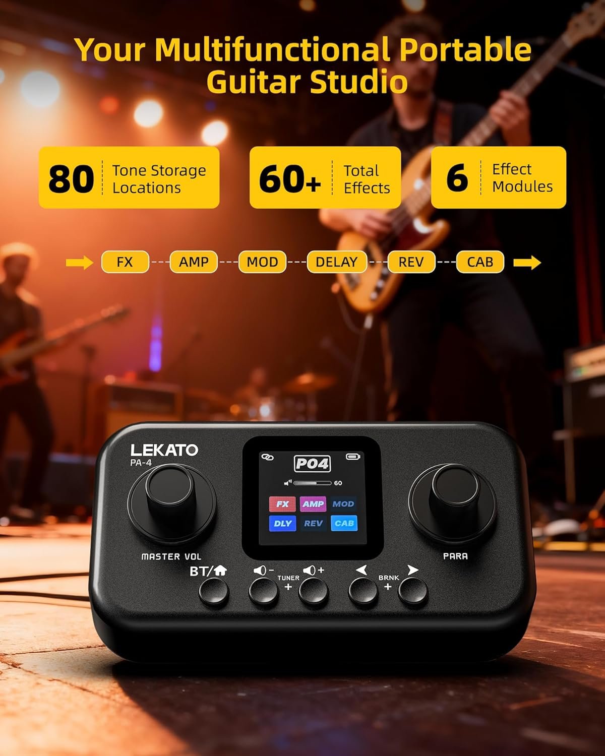 LEKATO portable multi effects pedal with 60 built-in effects and amp modelling for electric guitar