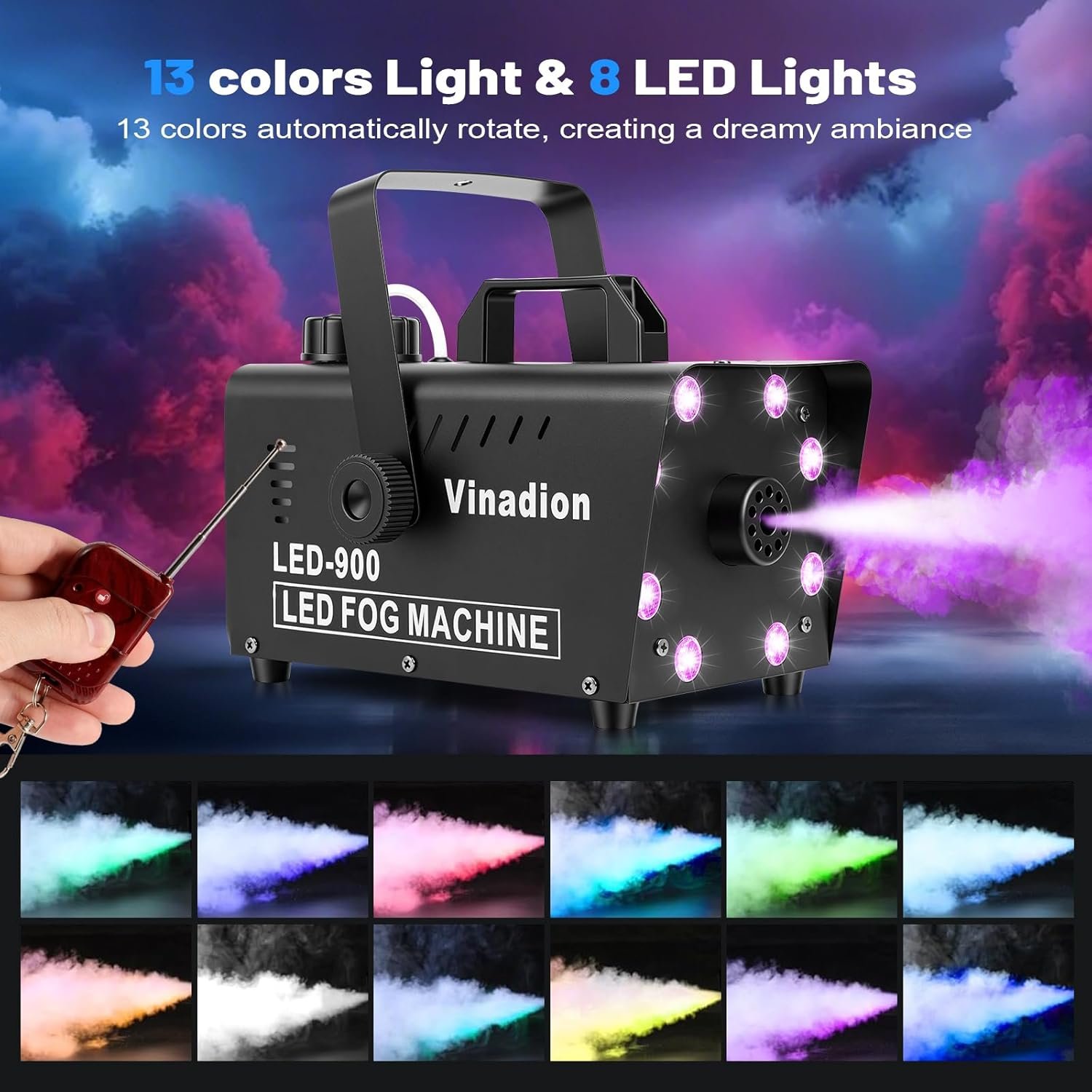Outdoor fog machine with wireless remote control and LED lights for garden parties and events