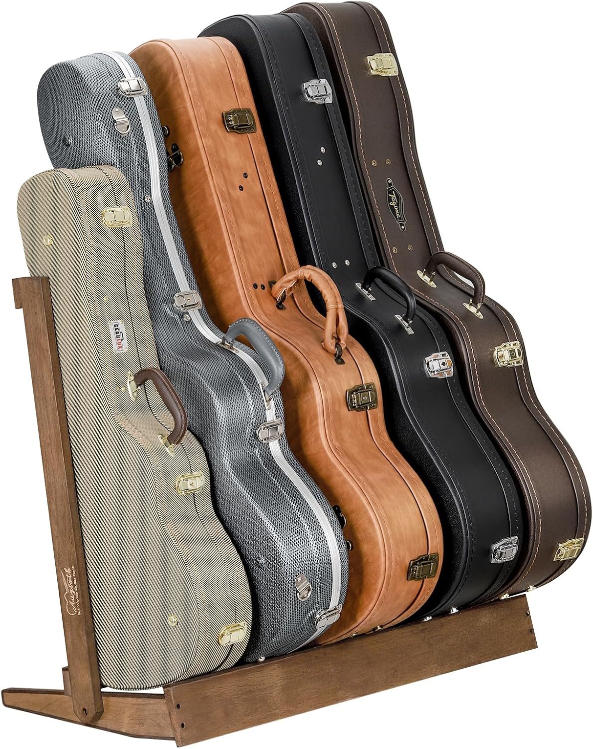 Multi Wood Guitar Rack holding a mix of electric, acoustic, and bass guitars in a cozy music room