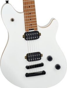 EVH Wolfgang Standard studio guitar in Cream White on a desk next to an audio interface and laptop in a home studio
