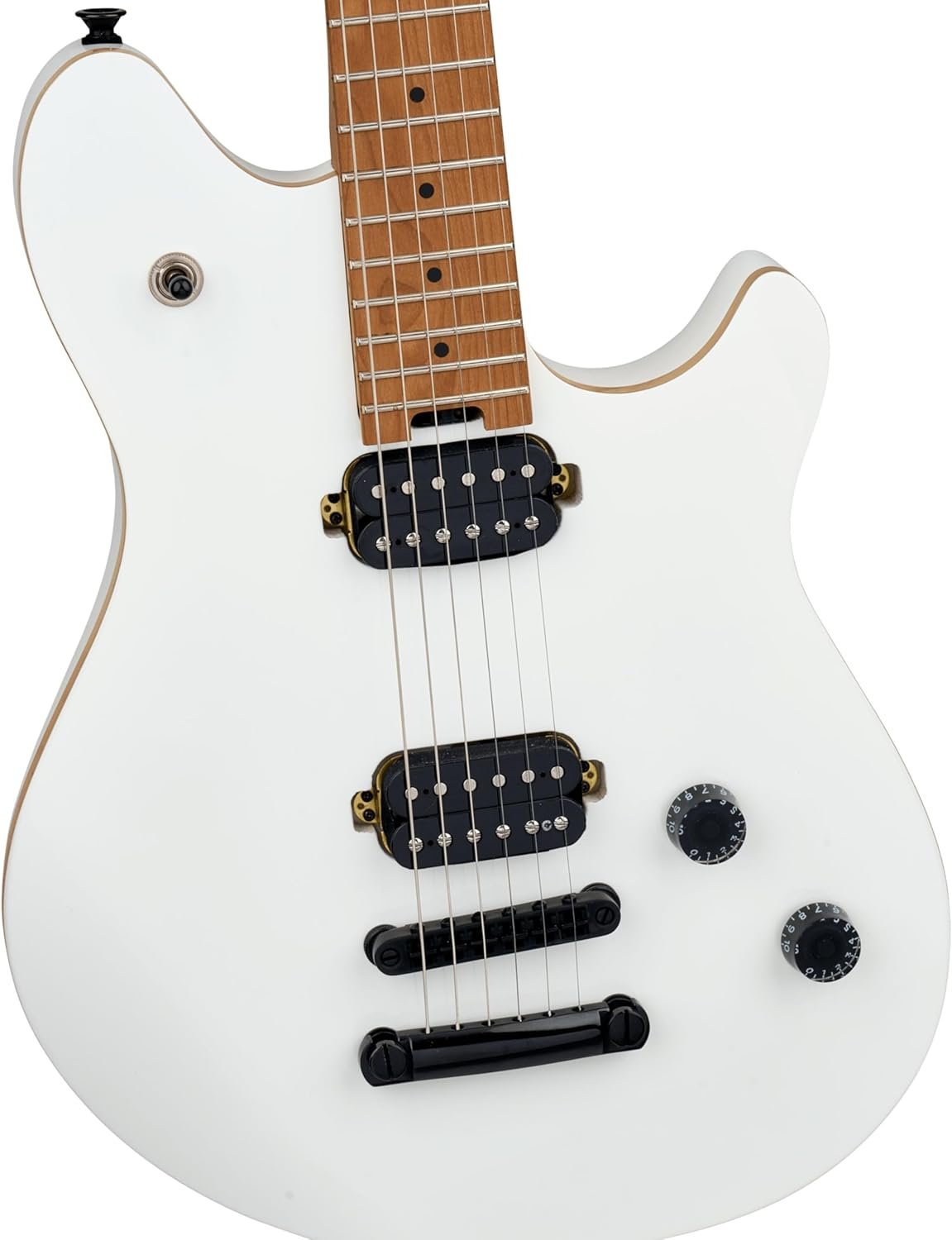 EVH Wolfgang Standard studio guitar in Cream White on a desk next to an audio interface and laptop in a home studio