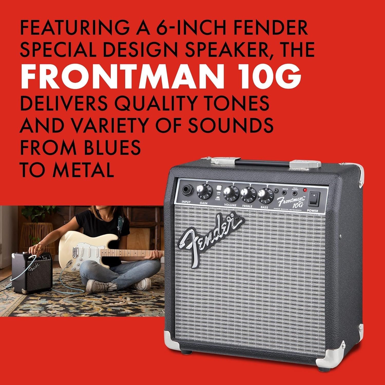 Fender Frontman 10G amplifier with classic black cabinet and control panel for guitar practice