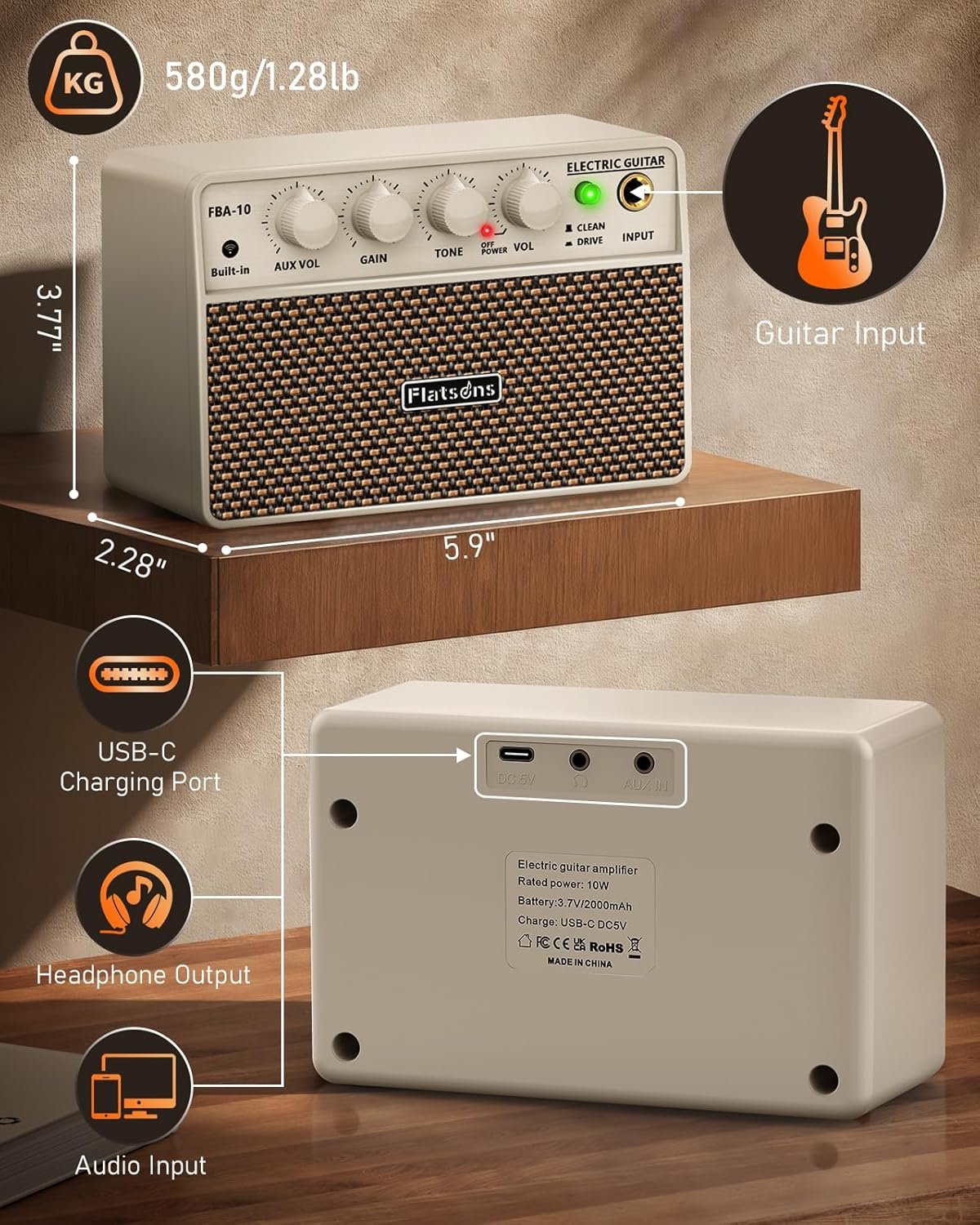 Flatsons FBA-10 white home practice amplifier sitting on a living room shelf next to houseplants and a small stack of books