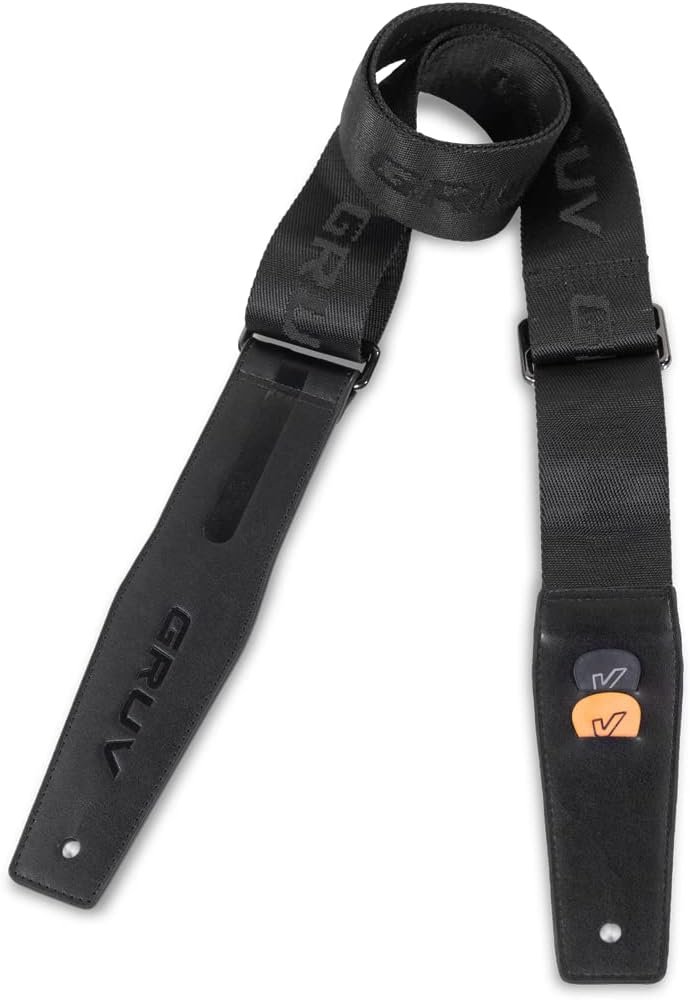 Wide black Gruv Gear ergonomic guitar strap with padded shoulder support
