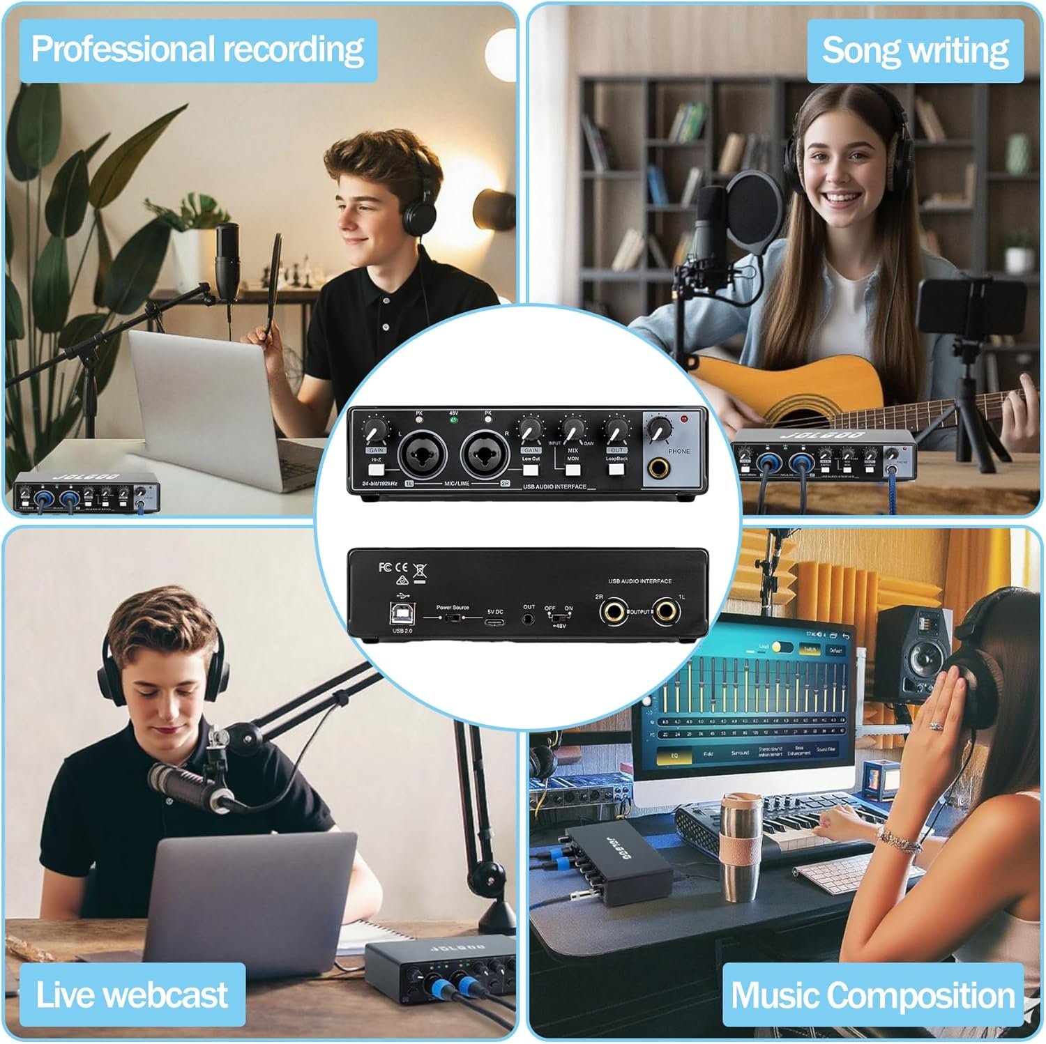 Jolgoo USB studio audio interface connected to microphone and computer