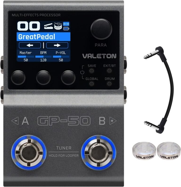 Valeton GP-50 connected to a mixing console via direct box, with stage lights in background