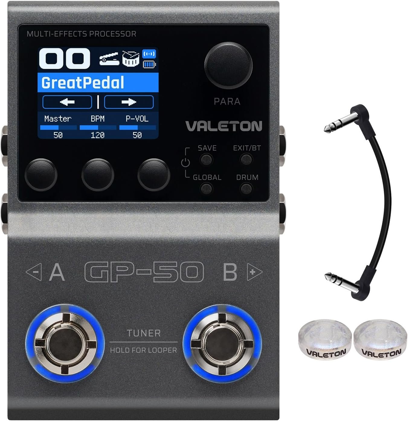 Valeton GP-50 connected to a mixing console via direct box, with stage lights in background