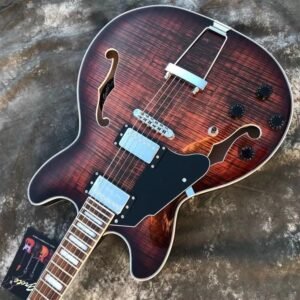 Left handed hollow body jazz guitar prepared for rehearsal practice