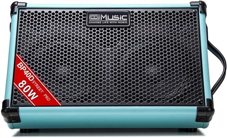 Blue portable powered acoustic guitar amplifier with dual inputs