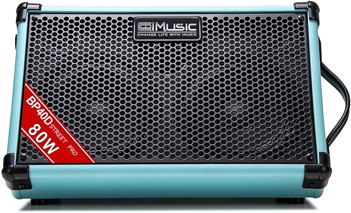 Blue portable powered acoustic guitar amplifier with dual inputs