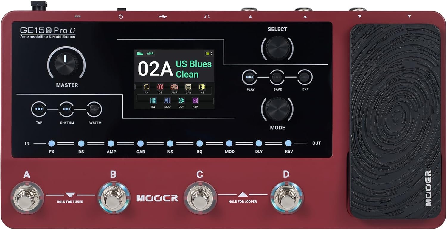 A vibrant plum-colored guitar multi effects pedal with four footswitches and a built-in expression pedal on a rehearsal room floor.
