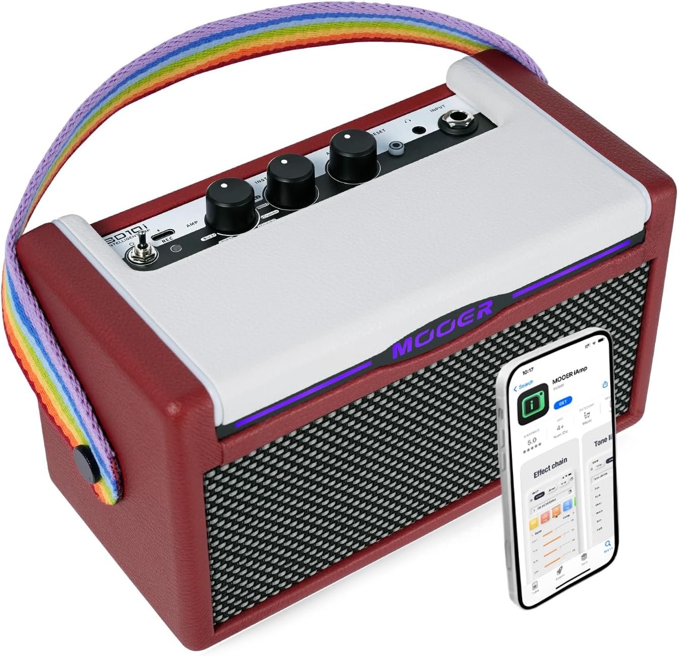 MOOER SD10i compact stereo guitar amplifier with wooden frame and red LED lights on a living room table