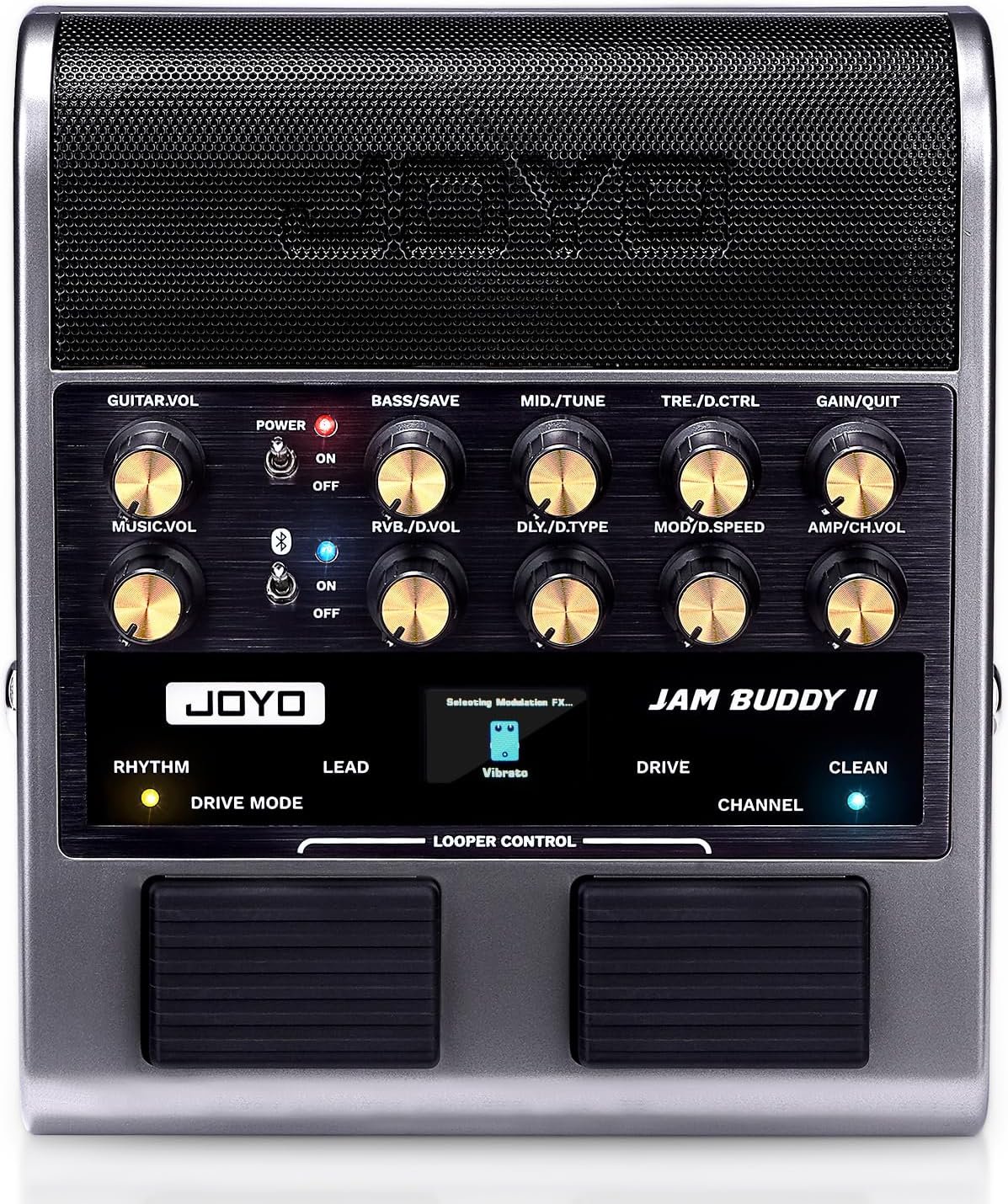 Grey JOYO JAM Buddy II portable guitar amp with effects and phone mount