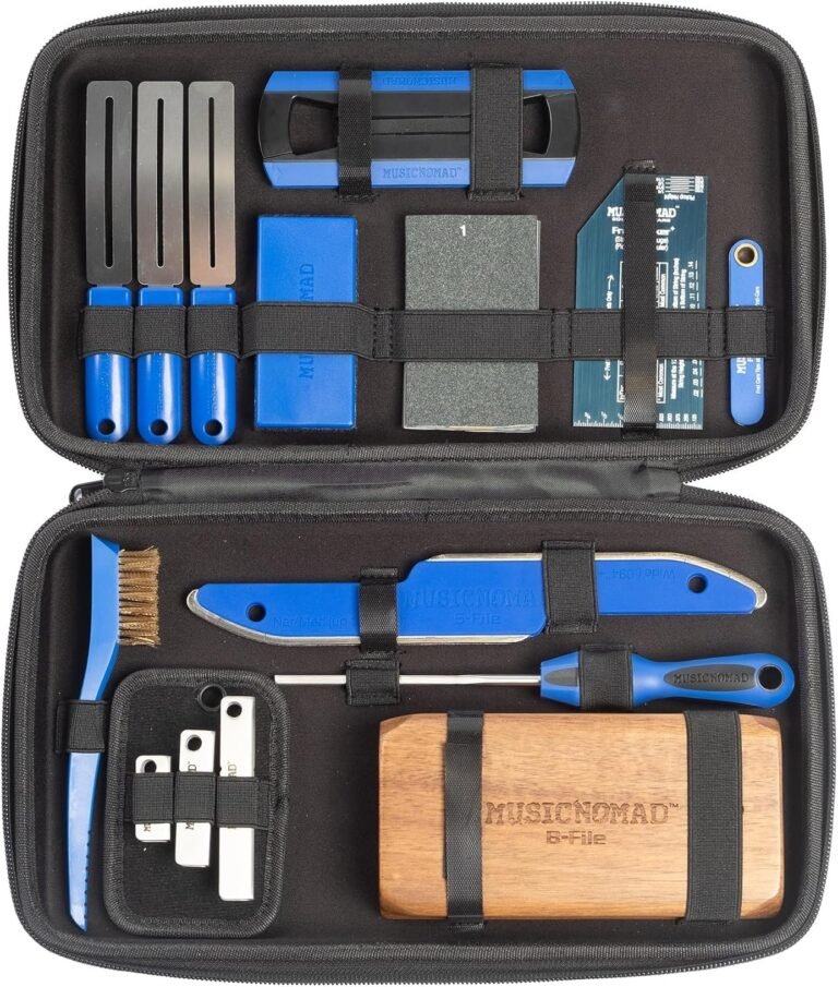 MusicNomad 18-piece fret leveling and crowning tool kit laid out in its storage case