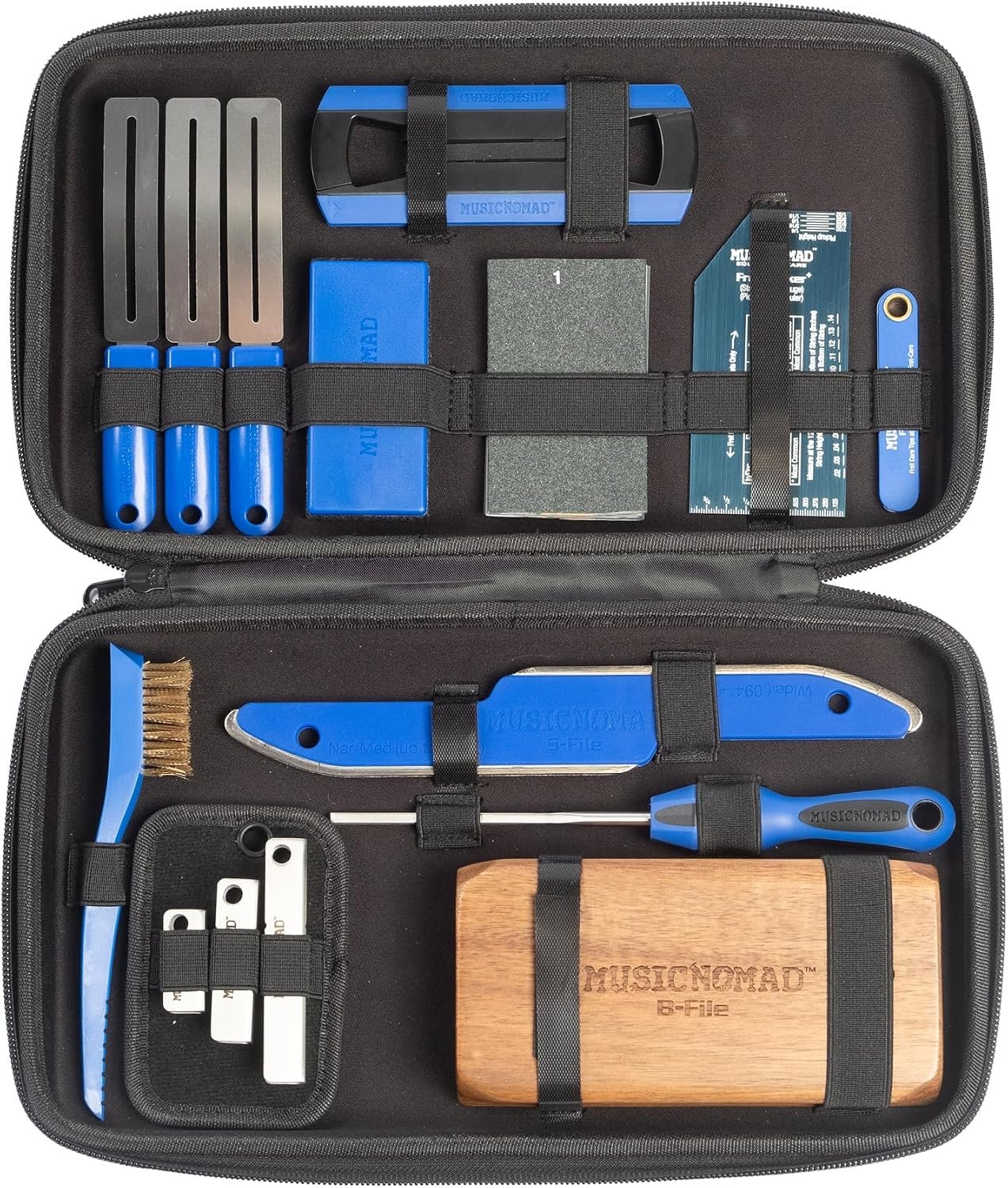 MusicNomad 18-piece fret leveling and crowning tool kit laid out in its storage case