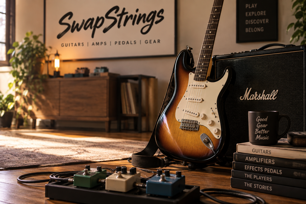 Electric guitar, amplifier and pedals in a warm SwapStrings music room