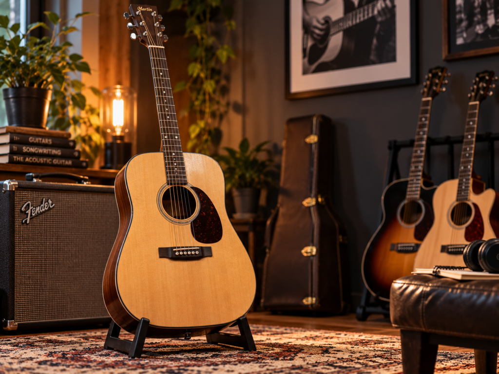 Natural acoustic guitar in a warm home music room