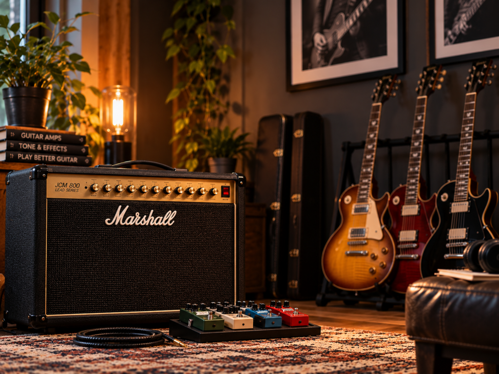 Guitar amplifier with effects pedals in a warm home studio