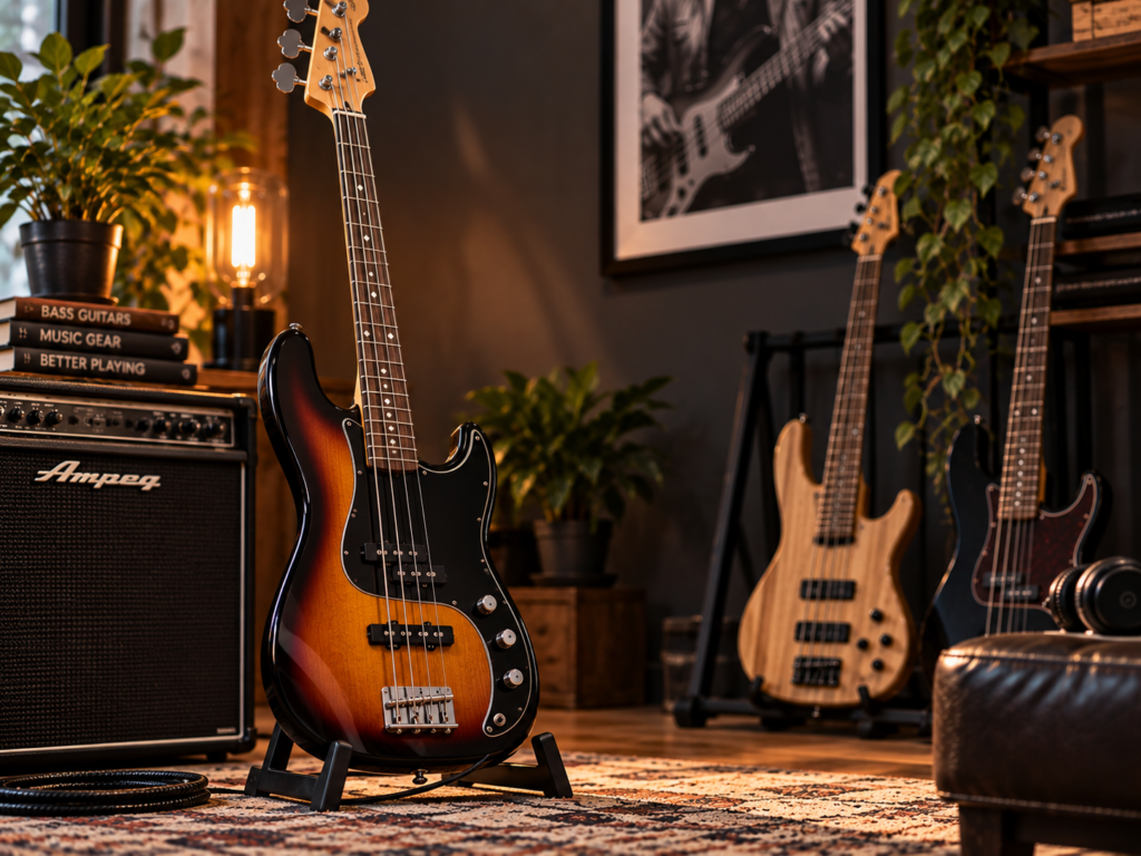 Sunburst bass guitar with amplifier in a warm music room