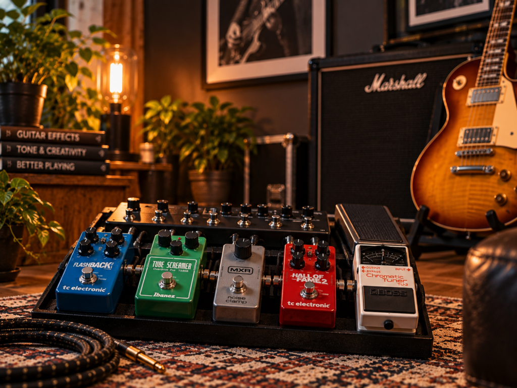 Guitar effects pedals and pedalboard in a warm home studio
