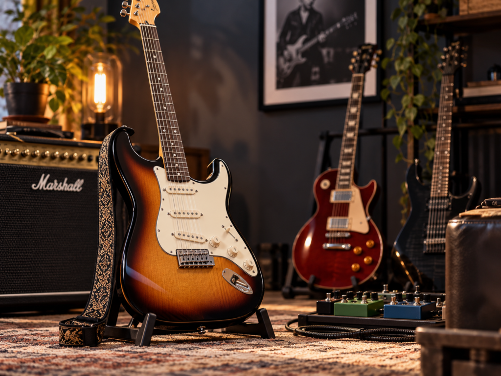 Sunburst electric guitar with amplifier and effects pedals