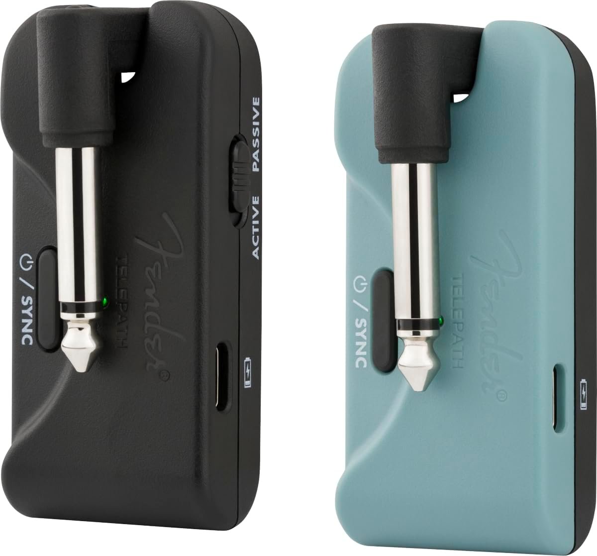 Fender Telepath Wireless System transmitter and receiver pair in black and Mystic Ice Blue