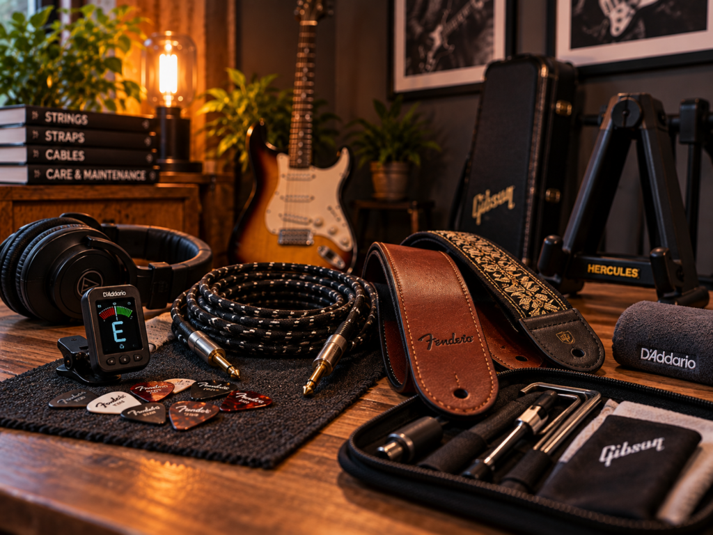Guitar accessories including tuner, cables, straps and picks