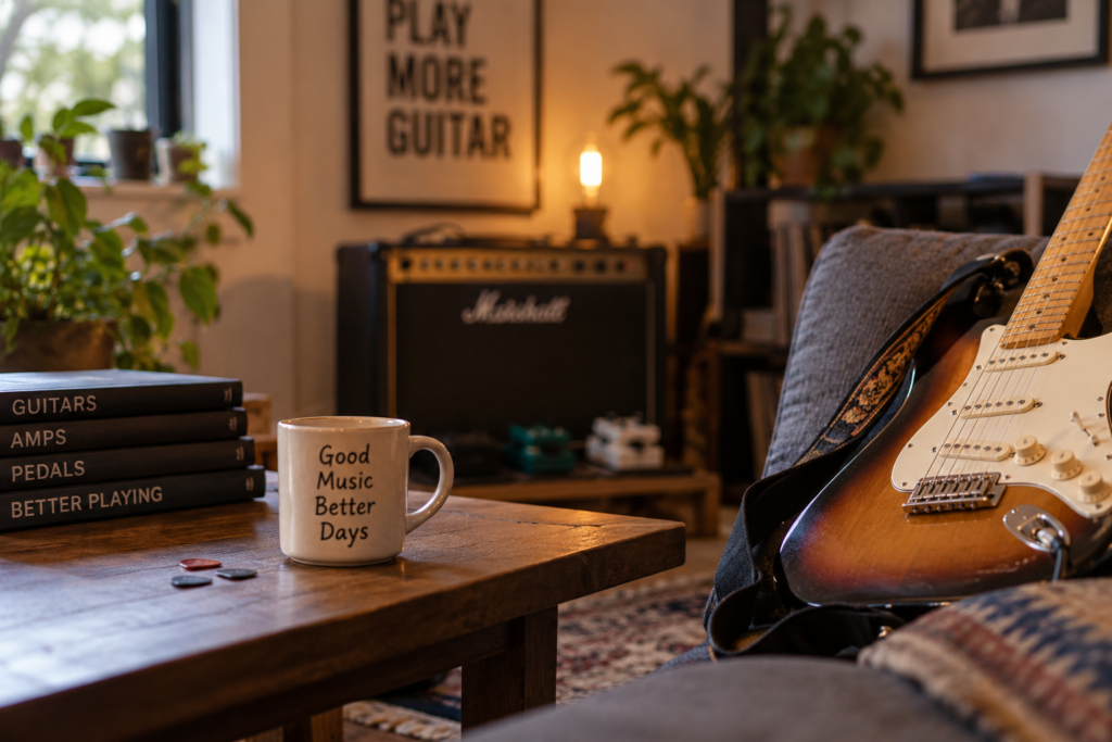 Electric guitar in a warm home music room with amplifier and gear