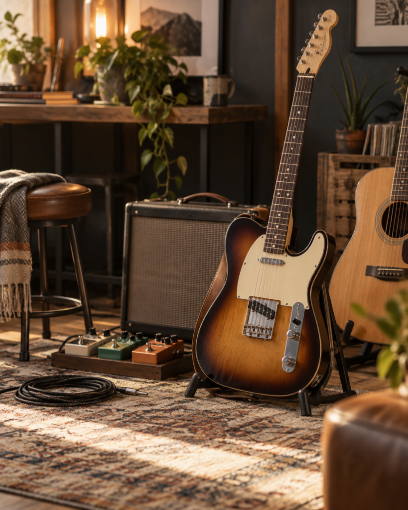 Electric guitar, amplifier and pedals in a warm home music space