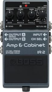 BOSS IR-2 Amp & Cabinet guitar pedal with black metal housing, amplifier controls and footswitch