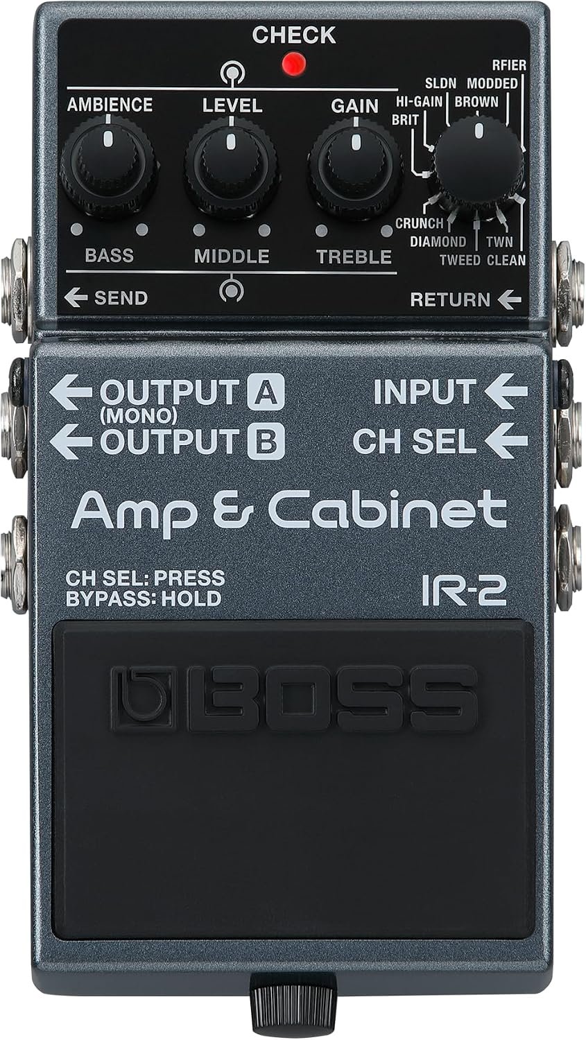 BOSS IR-2 Amp & Cabinet guitar pedal with black metal housing, amplifier controls and footswitch