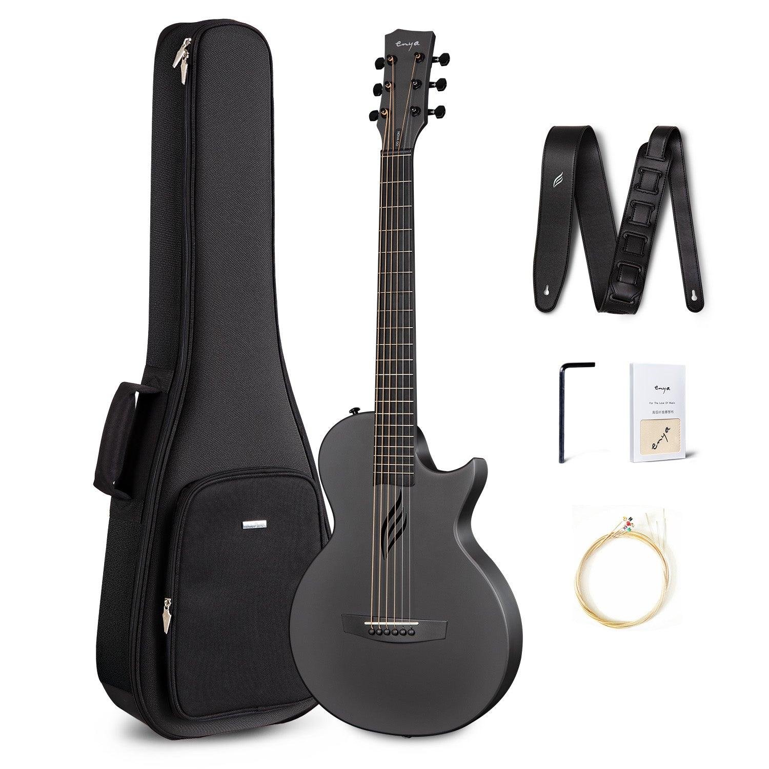 Enya Nova Go 35-inch black carbon fiber acoustic travel guitar with gig bag and accessories