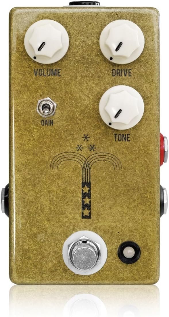 JHS Morning Glory V4 gold overdrive guitar pedal with white control knobs and gain switch