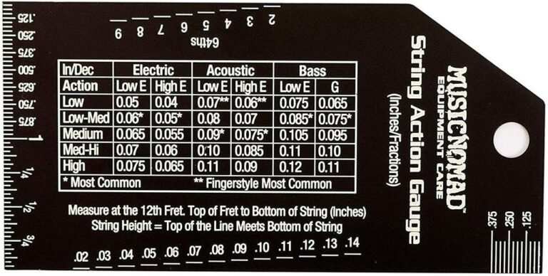 MusicNomad MN602 black stainless steel guitar string action gauge with white measurement markings