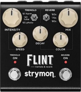 Strymon Flint V2 tremolo and reverb guitar effects pedal with black metal housing, cream control knobs and two footswitches