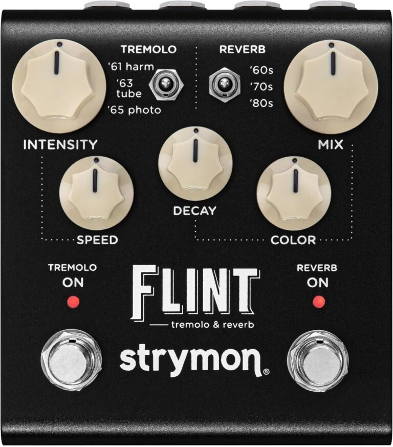 Strymon Flint V2 tremolo and reverb guitar effects pedal with black metal housing, cream control knobs and two footswitches